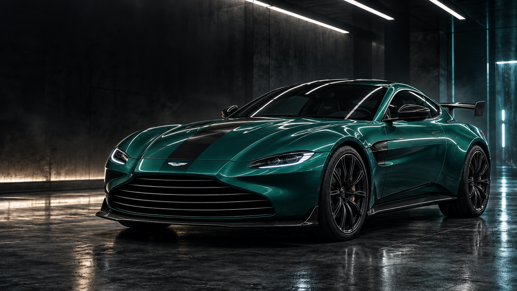 綠色 Aston Martin Vantage F1 Edition 展間情境，呈現車身光澤與固定尾翼